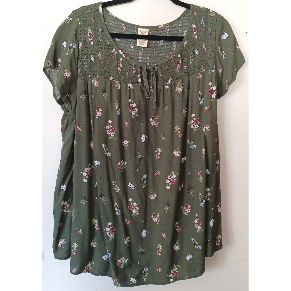 Faded Glory Floral Blouse Women 2X Olive Green Smocked Tie Front Peasant Flowy